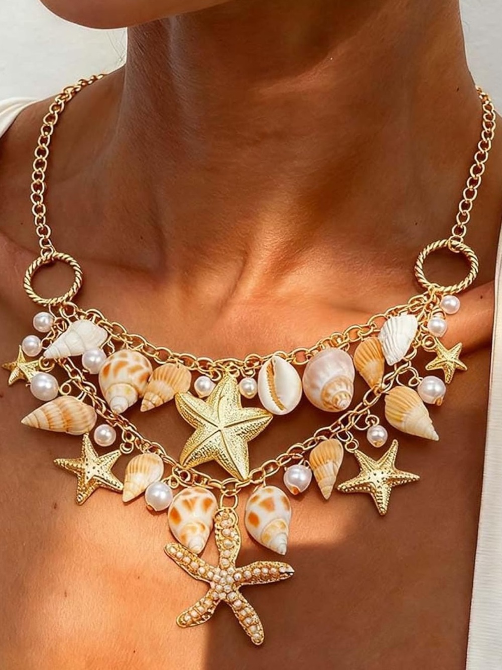 Anthropologie Gold-tone Starfish & Shell Charm Necklace with Cream Shells - Picture 7 of 7